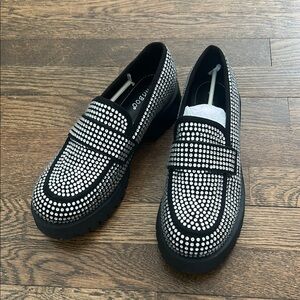 NEW - Bamboo Black and Silver Slip-On Loafers with Studded Design